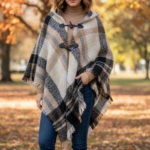 Cozy Plaid Toggle Poncho in Beige, Cream & Black